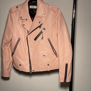 Coach Pink Moto Leather Jacket with Asymmetrical Zipper